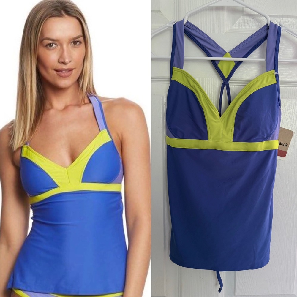 Reebok‎ Tankini Swim Top Size M Blue Lime Green Colorblock Racerback 871513